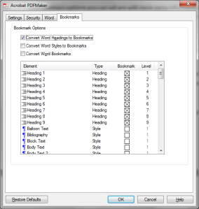 Create PDF bookmarks in MS Word